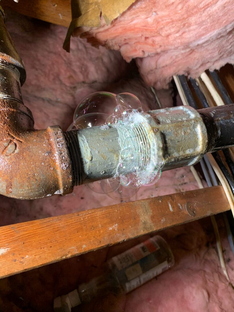 Gas leak detection showing soap bubbles identifying a leaking gas fitting in Temecula, California by Hydro Plumbing