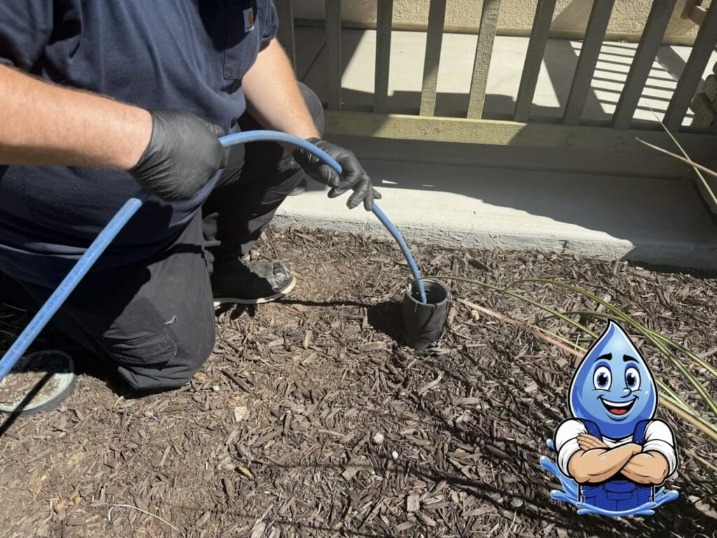 Hydro Plumbing performing professional hydro jetting through an exterior drain cleanout in Murrieta, CA to remove drain and sewer line buildup.