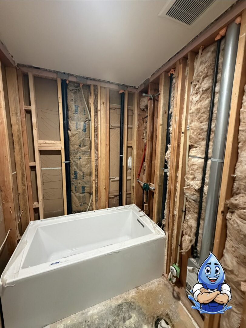 Bathroom remodel rough-in plumbing inside open wall before drywall installation by Hydro Plumbing in Murrieta, CA.