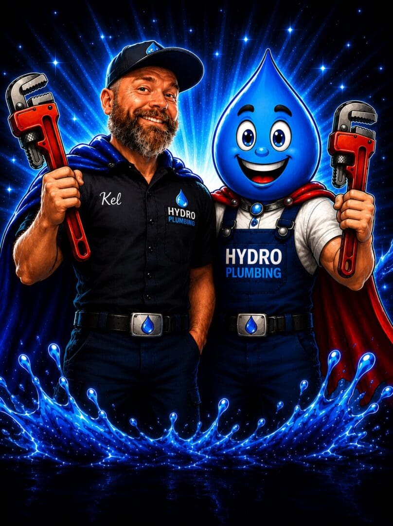 Kel, Owner of Hydro Plumbing, standing with Hydro Hank, the Hydro Plumbing mascot, serving Murrieta, Temecula, Wildomar, and French Valley