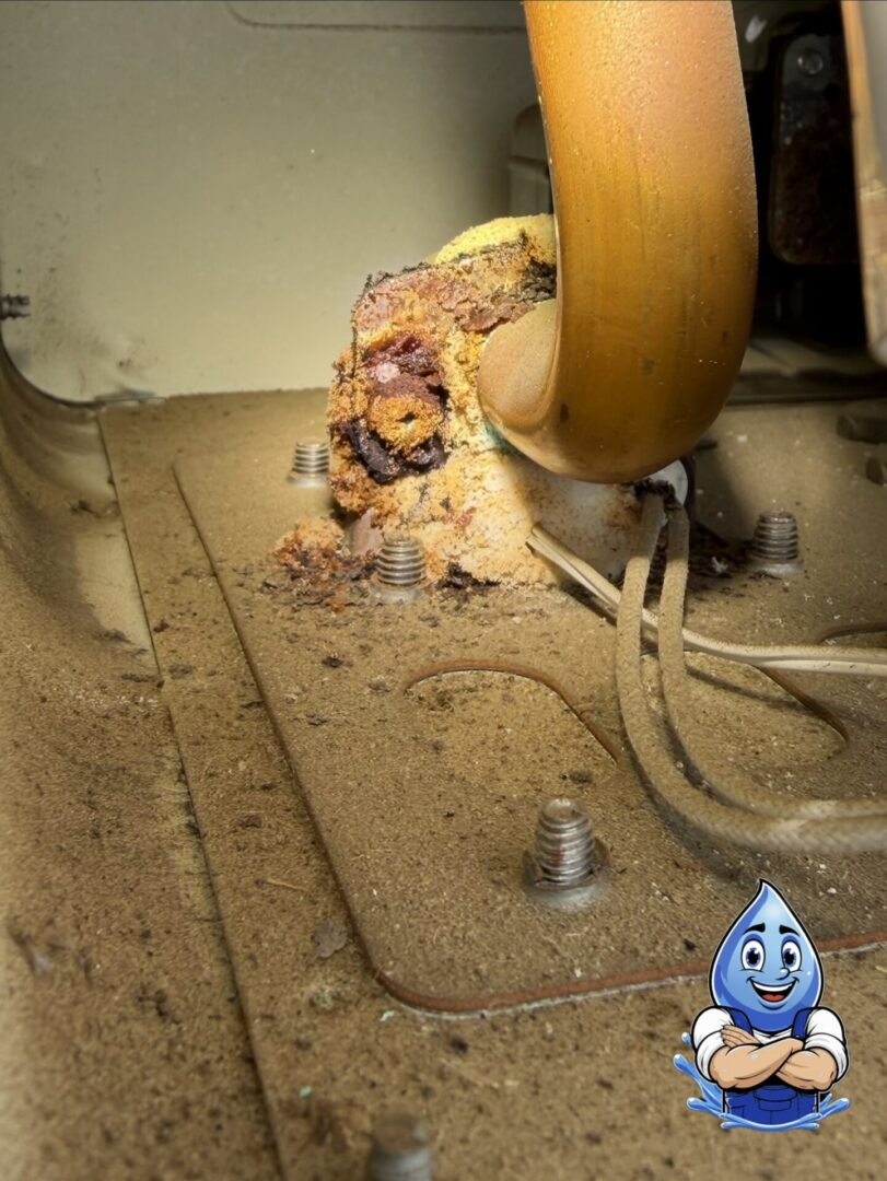 Hard water mineral buildup inside a tankless water heater inspected by Hydro Plumbing in Murrieta California