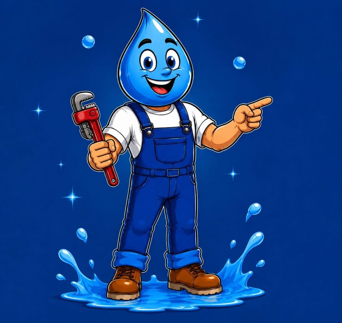 Hydro Hank pointing toward Hydro Plumbing's call and request service buttons.