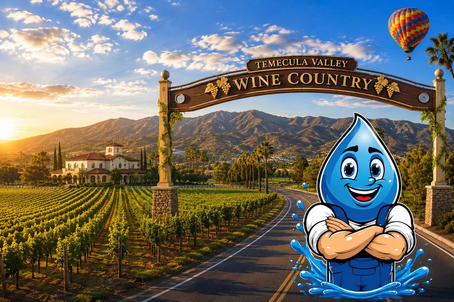 Hydro Hank standing beneath the Temecula Valley Wine Country entrance with vineyards in the background, representing Hydro Plumbing's plumbing services in Temecula, California.