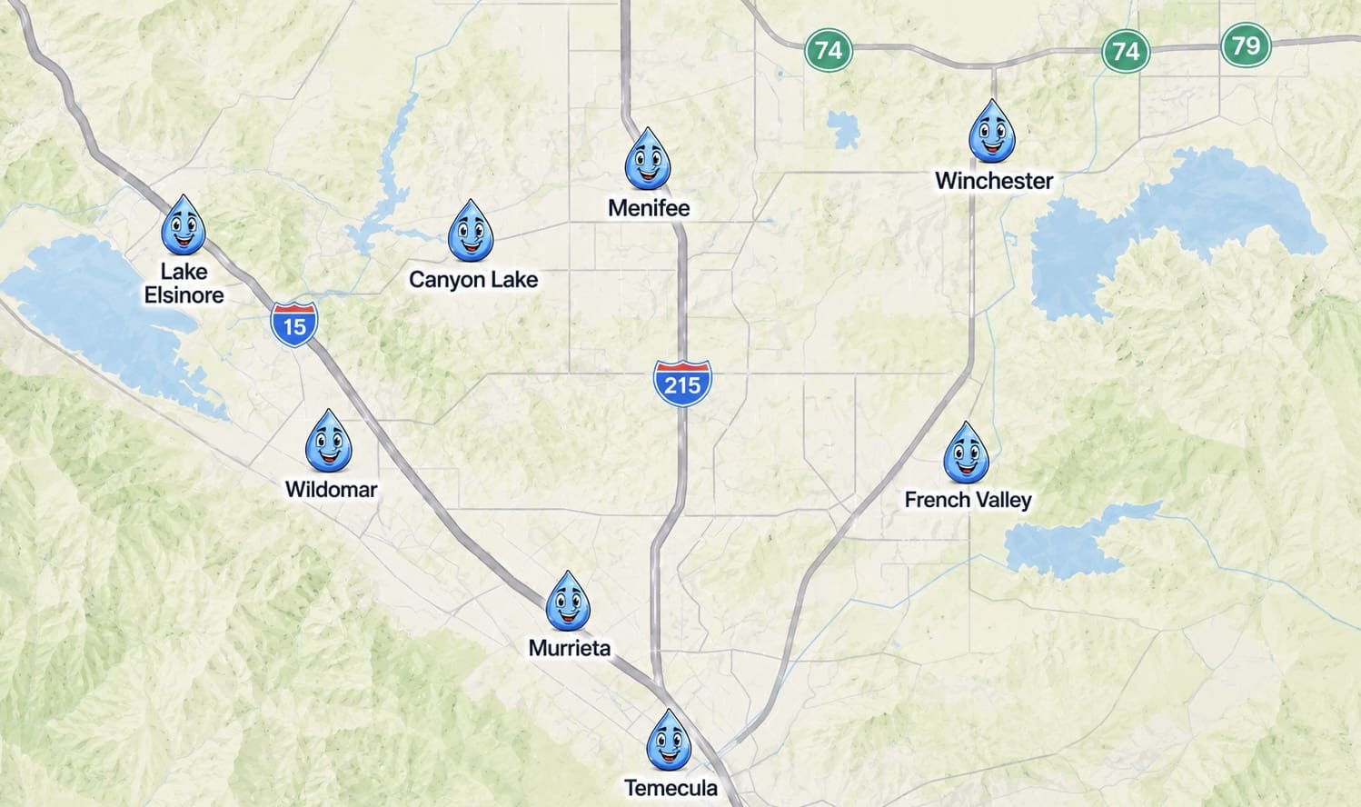 ydro Plumbing service area map serving Murrieta, Temecula, Wildomar, Menifee, French Valley, Winchester, Canyon Lake and Lake Elsinore