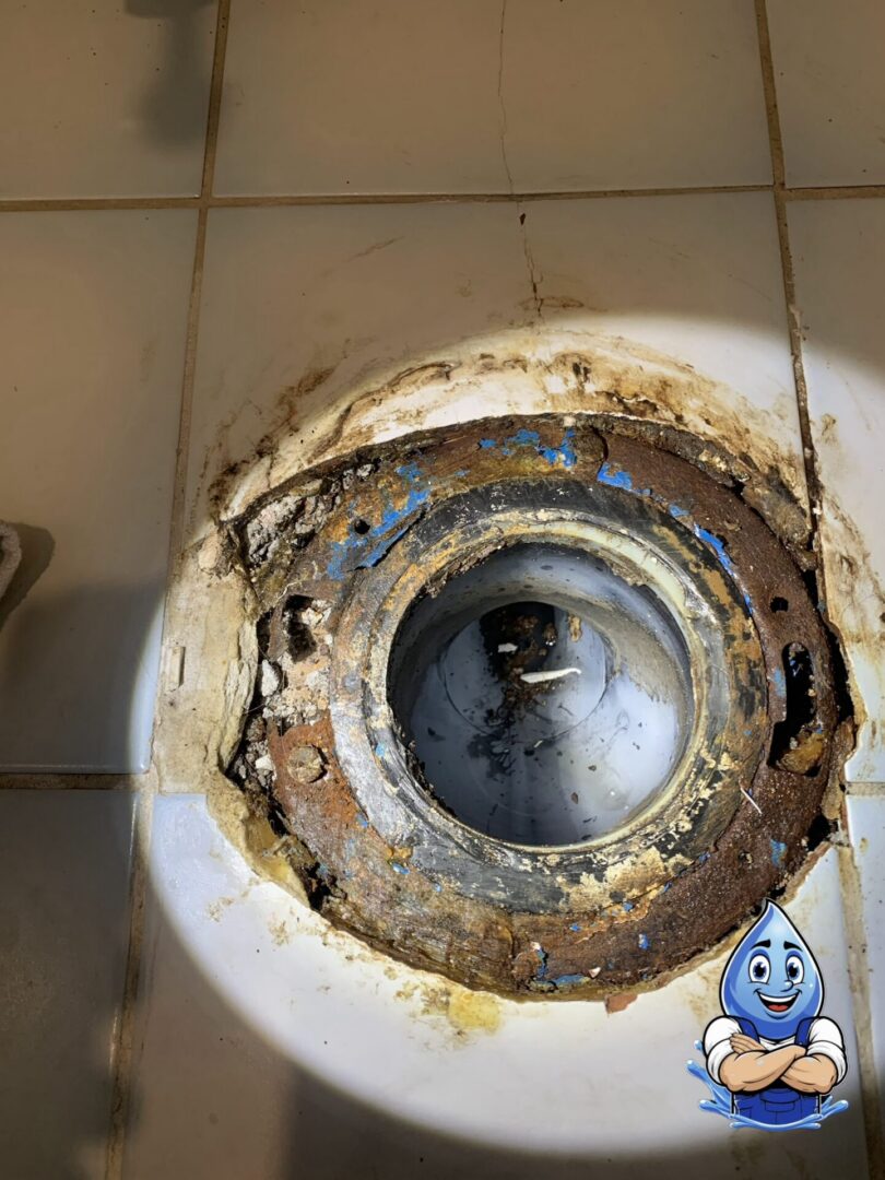 Corroded toilet flange discovered during toilet service in Murrieta CA by Hydro Plumbing