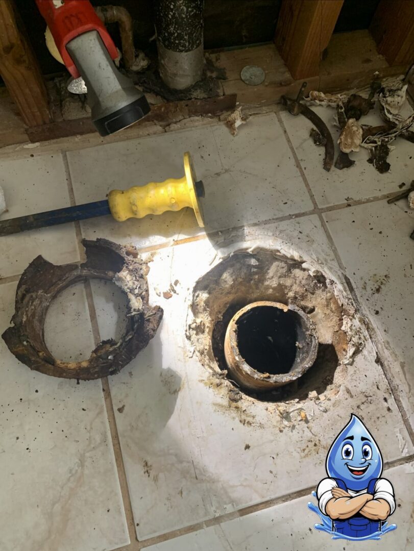 Damaged toilet flange before replacement in French Valley CA by Hydro Plumbing