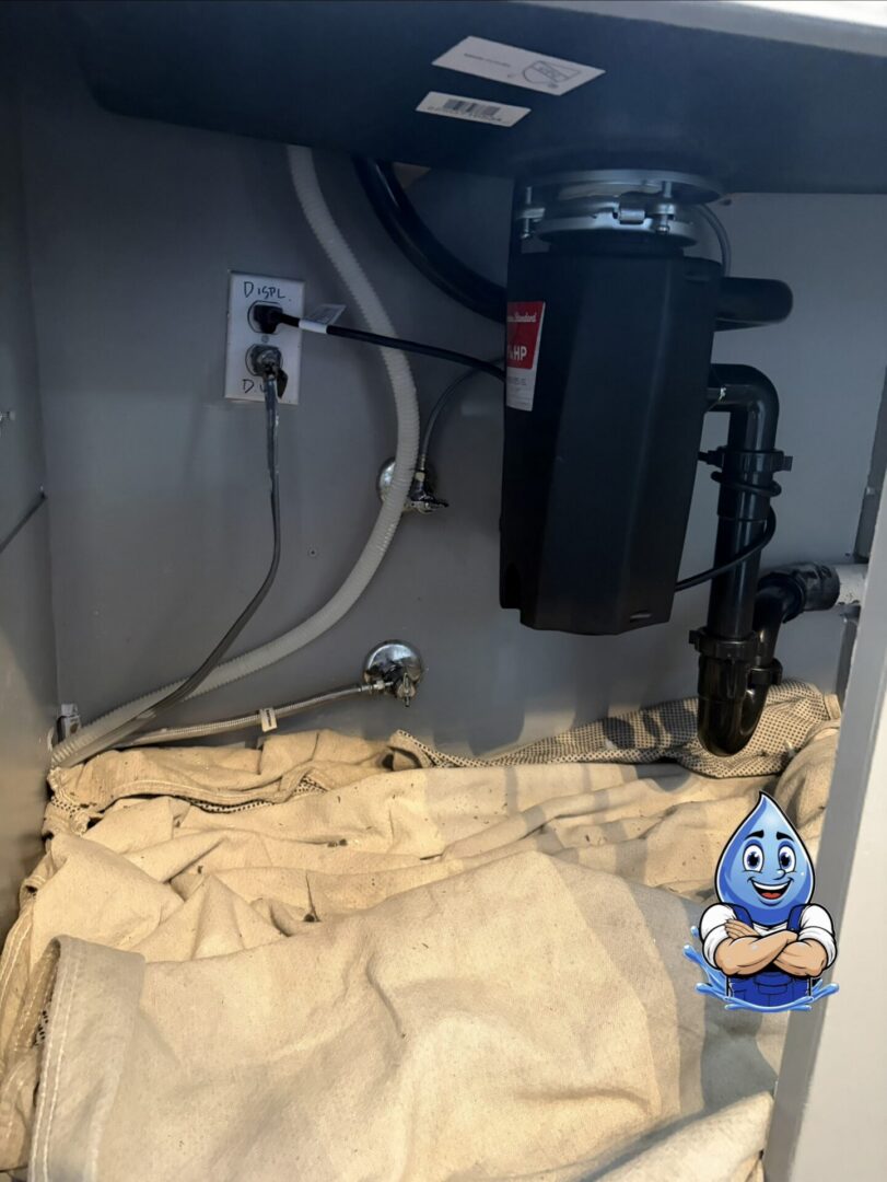 Garbage disposal installation with drain piping under a kitchen sink by Hydro Plumbing