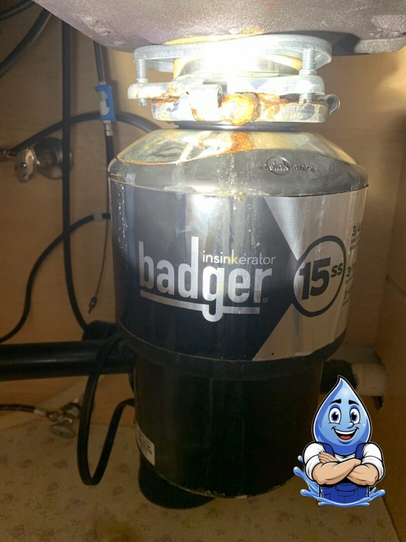 Older garbage disposal with visible corrosion under a kitchen sink